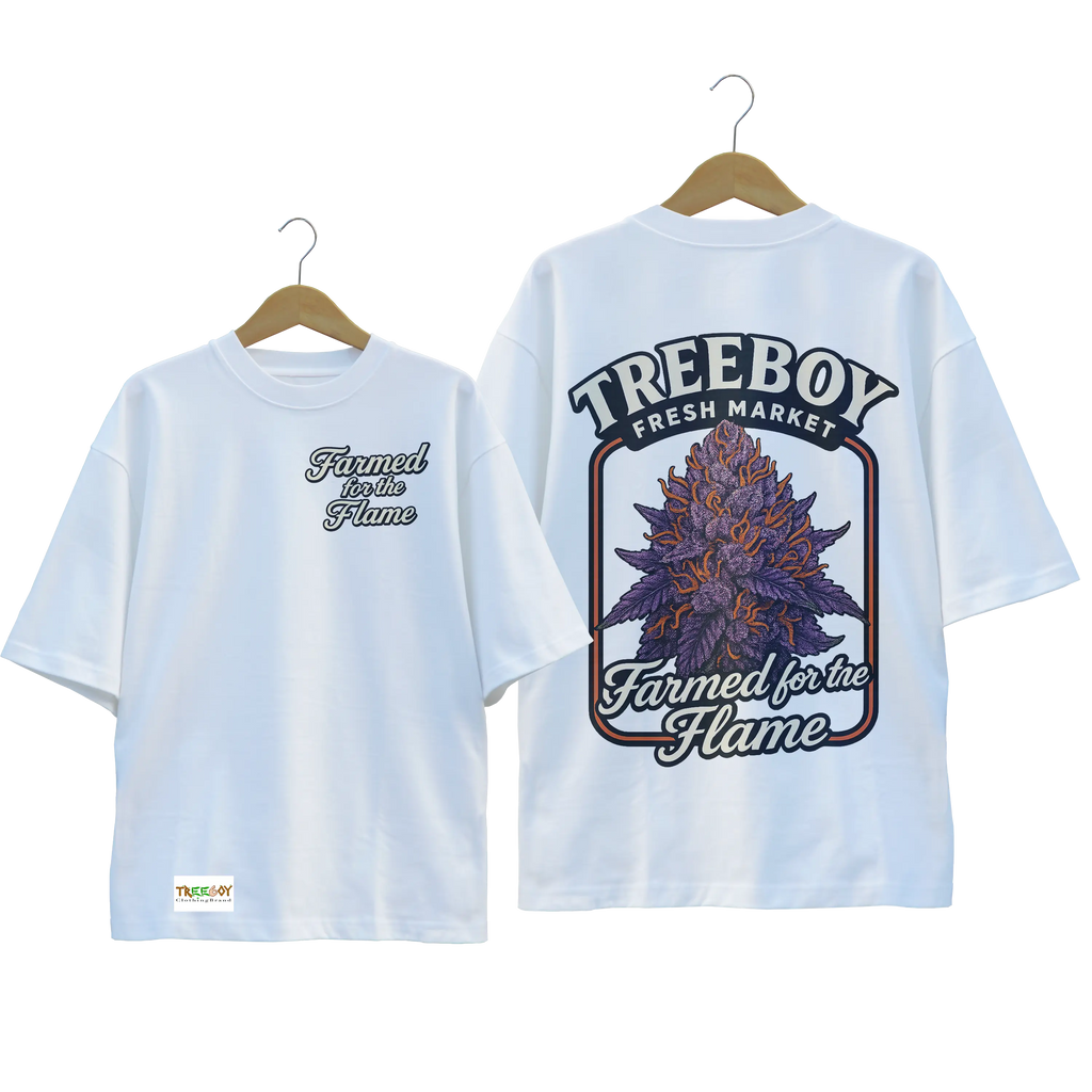 Tree Boy Farmed For The Flame Tee front view – heavyweight streetwear t-shirt
Back graphic of Farmed For The Flame Tee – oversized flame-grown artwork
Premium cotton Farmed For The Flame Tee by Tree Boy Clothing Brand