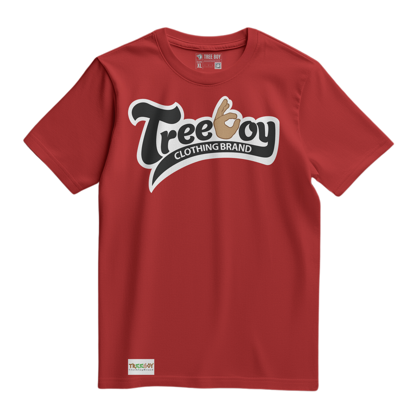 A red short-sleeve crewneck t-shirt featuring a stylized 'Treeboy' logo across the chest with 'CLOTHING BRAND' underneath, displayed on a clean white background.