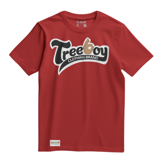 A red short-sleeve crewneck t-shirt featuring a stylized 'Treeboy' logo across the chest with 'CLOTHING BRAND' underneath, displayed on a clean white background.